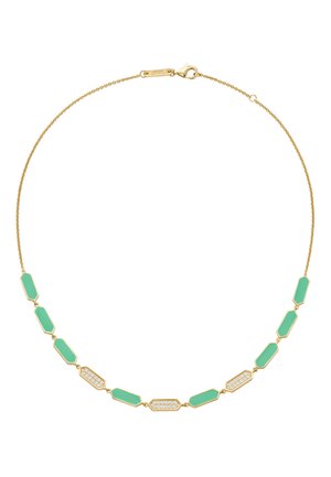 Goldkette mit abwechselnd türkisfarbener Emaille und diamantbesetzten sechseckigen Gliedern, Karabinerverschluss, zartes und elegantes Design.