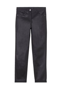 Jeans elasticizzati neri con una vestibilità slim, dotati di tasche frontali, chiusura con bottone e una texture liscia e leggermente lucida.