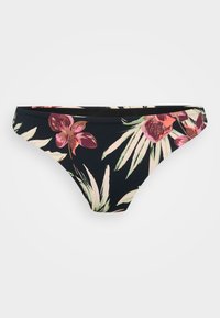 Fekete bikinialsó virágmintával, rózsaszín és lila virágokkal, zöld levelekkel. Sima anyag, alacsony derekú kivitel.