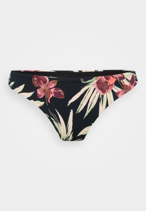 Black bikini bottoms featuring a floral pattern with pink and purple flowers and green leaves. Smooth fabric with a low-rise design.
