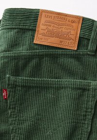 Pantalon en velours côtelé vert Levi's avec poche arrière et écusson en cuir de la marque Levi Strauss & Co. indiquant la taille W32 L32.