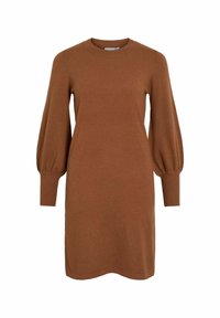 Robe tricotée marron avec un encolure ronde, de longues manches bouffantes et des poignets côtelés. Design simple et droit avec une texture douce.