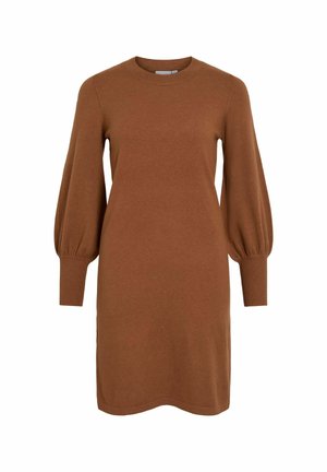 Robe tricotée marron avec un encolure ronde, de longues manches bouffantes et des poignets côtelés. Design simple et droit avec une texture douce.