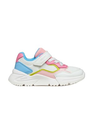 Zapatillas blancas con acentos en rosa, azul y verde, con parte superior de malla, cierre de velcro y diseño de suela gruesa.