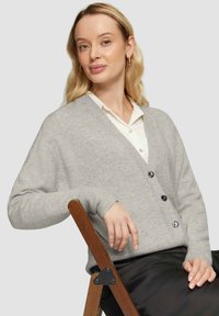 Hellgrauer Cardigan aus weichem Strickmaterial, mit V-Ausschnitt, Knopfverschluss und gerippten Bündchen. Kombiniert mit einem weißen Hemd mit Kragen.