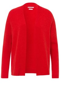 Czerwony długi kardigan z otwartym przodem i rękawami z długim rękawem, z prążkowanym wykończeniem przy dekolcie i mankietach, zaprezentowany na białym tle.