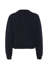 Navy blue cropped sweater with a ribbed hem and round neckline. Features wide sleeves and a soft, textured knit fabric.