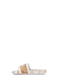 Infradito con un design texturizzato beige e bianco, caratterizzato da un motivo mappa sulla soletta e due ampie cinghie.