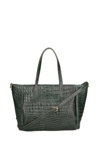 Borsa a mano in pelle verde scuro con texture in pelle di coccodrillo, manici doppi e tracolla rimovibile. Presenta dettagli in hardware dorato.