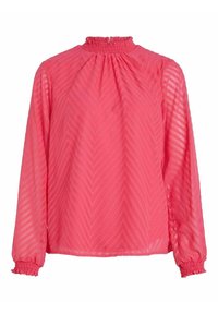 Blusa de manga larga rosa, hecha de un tejido texturizado con patrón de espiga, que presenta un escote smock alto y puños elásticos.