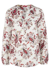 Blouse blanche à manches longues avec motifs floraux cachemire rouges et noirs, col rond et patte boutonnée au centre de la poitrine.