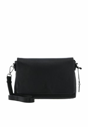 Black leather shoulder bag with a flap closure, detachable strap, and minimalistic design. Features smooth texture and metallic hardware accents.
