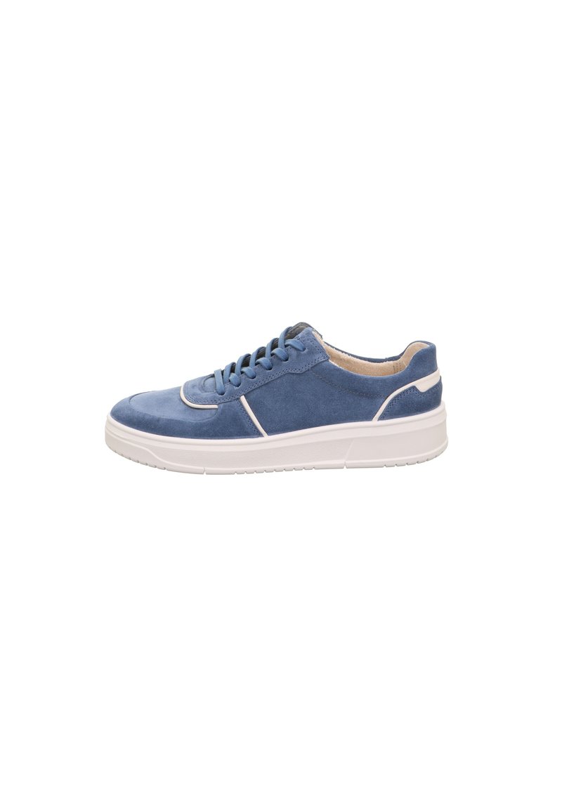 Blaue Wildledersneaker mit runder Zehenpartie, weißer Gummisohle und kontrastierenden weißen Akzenten. Schnürverschluss mit sechs Ösen. Weiche Textur.