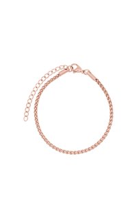 Bracciale in oro rosa con design a catena collegata, dotato di chiusura e un'estensione della catena regolabile per diverse dimensioni. Finitura liscia e lucida.
