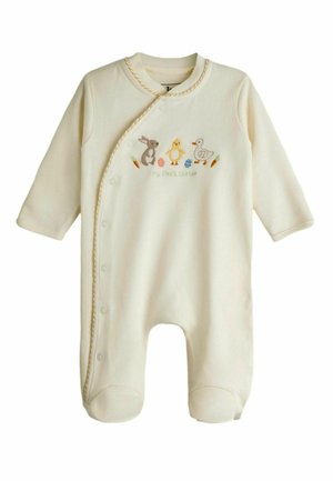 Detské body krémovej farby so zapínaním na patentky, zakončené pri nohách, s výšivkou zajaca, kuriatka, kačky, veľkonočných vajíčok a mrkvy.