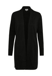 Zwarte cardigan met open voorkant, lange mouwen, geribbelde manchetten en een gladde textuur. Eenvoudig ontwerp zonder zichtbare patronen of accenten.
