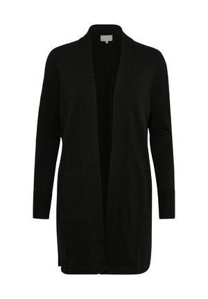 Schwarze Strickjacke mit offenem Front, langen Ärmeln, gerippten Bündchen und einer glatten Textur. Einfaches Design ohne sichtbare Muster oder Akzente.
