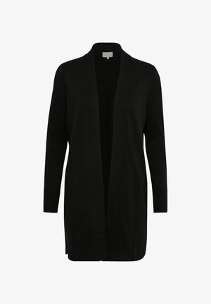Black cardigan with open front, long sleeves, ribbed cuffs, and a smooth texture. Simple design with no visible patterns or accents.