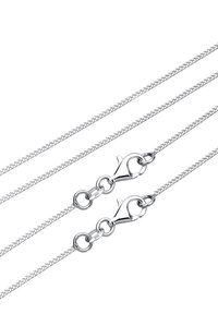 Silberfarbene Metalkette mit gewebter Textur, ausgestattet mit einem Karabinerhaken und runden Gliedern für einen sicheren Verschluss.