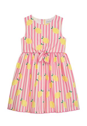 Rosa-weiß gestreiftes Kleid mit gelben Zitronenprints und grünen Blättern, ärmelloses Design, tailliert mit einer Schleifendetail.