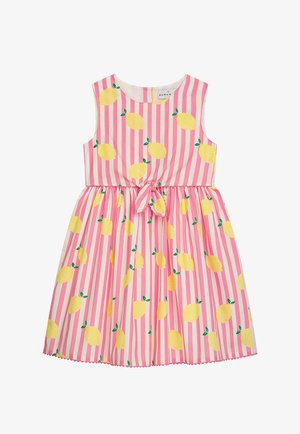 Rosa-weiß gestreiftes Kleid mit gelben Zitronenprints und grünen Blättern, ärmelloses Design, tailliert mit einer Schleifendetail.