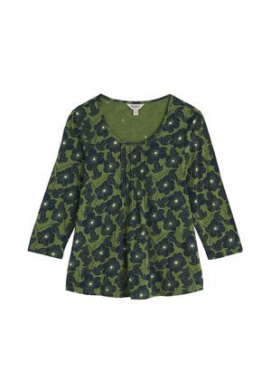 Zelený kvetinový top s tmavomodrými kvetmi, s výstrihom do lodi a trojštvrťovými rukávmi. Vyrobený z mäkkej látky s jemne textúrovaným povrchom.