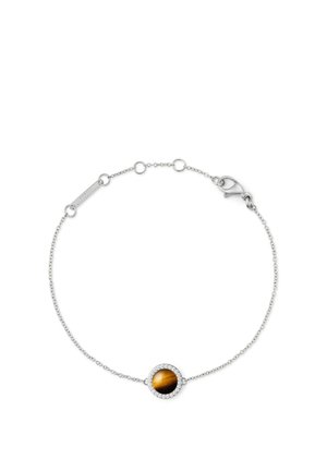 Silbernes Kettenarmband mit Karabinerverschluss und einem runden Tigeraugen-Edelstein, umgeben von kleinen klaren Kristallen in der Mitte.