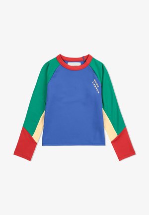 Langärmliges Shirt mit blauer Körperfarbe, grünen und roten Raglanärmeln sowie gelben Akzenten. Verziert mit Logos auf der Brust.