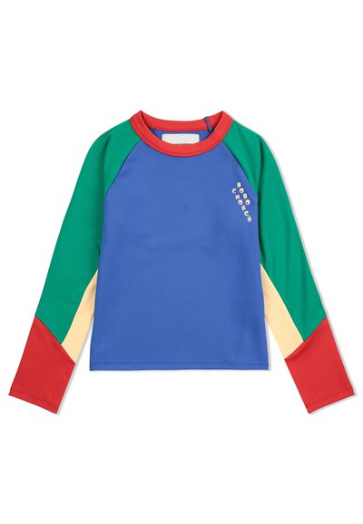 Maglietta a maniche lunghe con un corpo blu, maniche raglan verdi e rosse, e un accento giallo. Decorata con dettagli del logo sul petto.