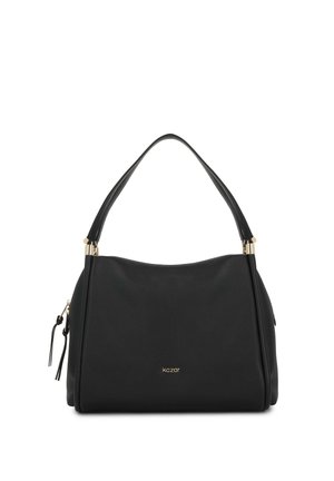 Sac à main en cuir noir avec une seule poignée, des accents dorés et un petit logo devant portant la mention "kazar" sur un fond blanc.