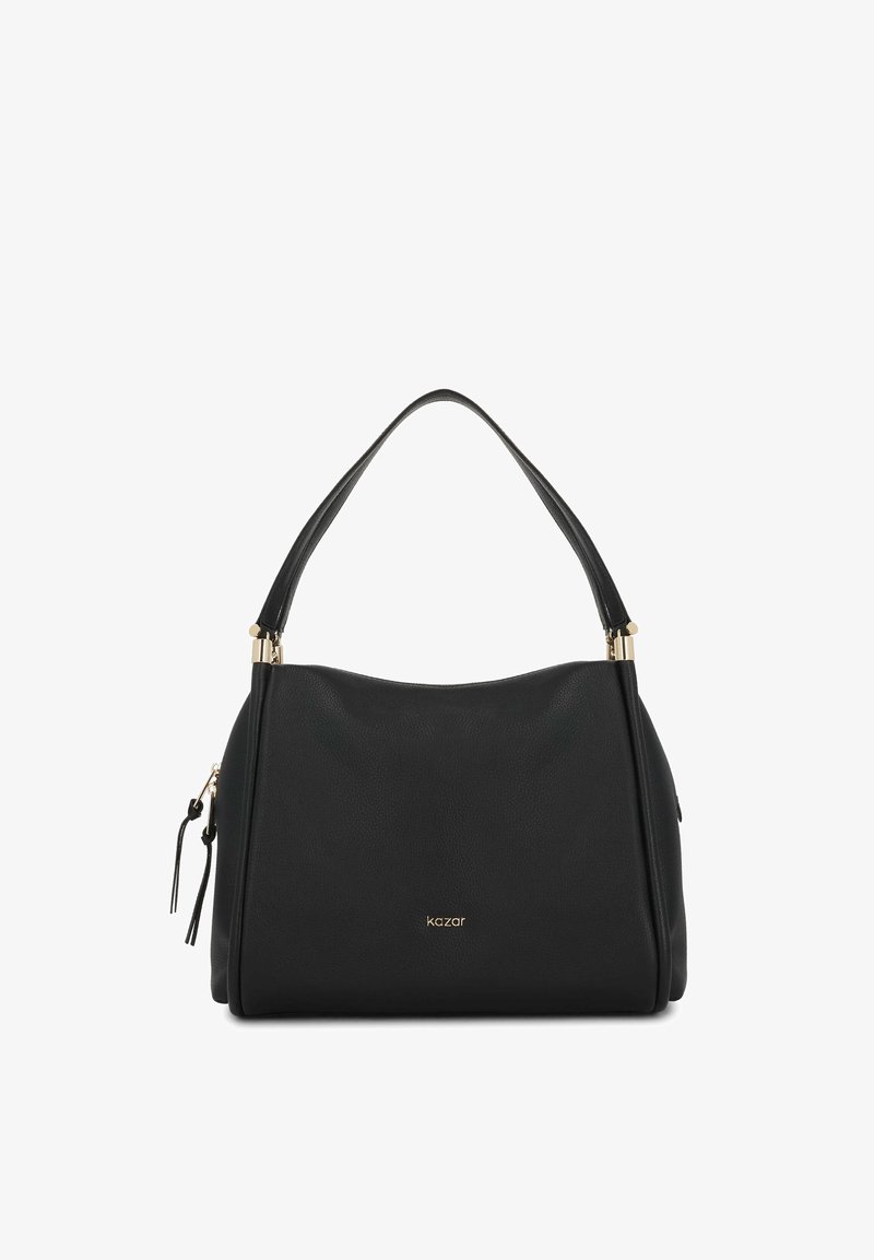 Sac à main en cuir noir avec une seule poignée, des accents dorés et un petit logo devant portant la mention "kazar" sur un fond blanc.