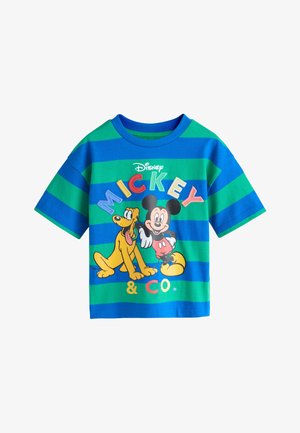 Chemise à manches courtes rayée bleu et vert avec Mickey Mouse et Pluto, avec le texte "Disney MICKEY & CO." en lettres colorées.
