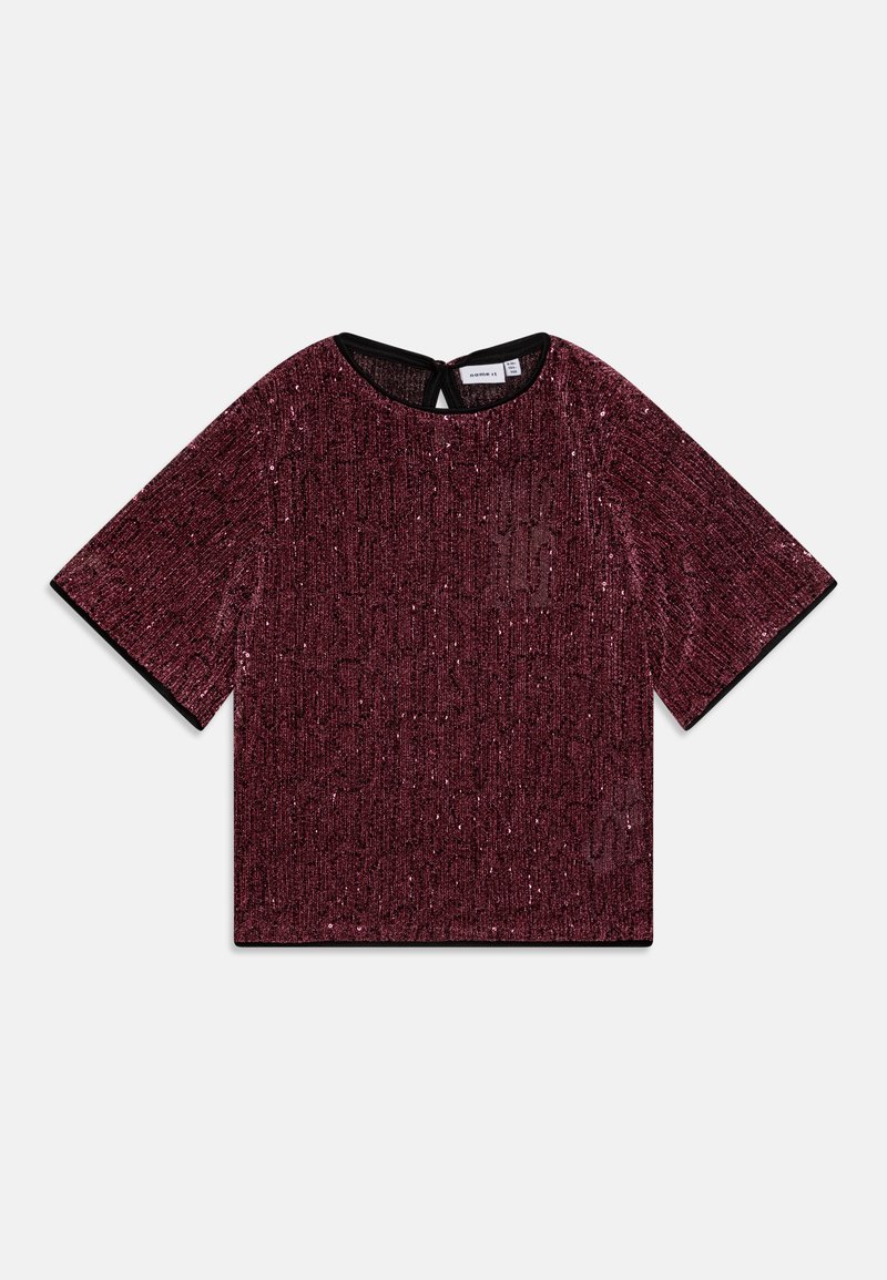 Burgundijas krāsas secinētu īso piedurkņu tops ar apaļu kakla izgriezumu un melnu apdari. Tam ir atslēgvārda formas aizmugures aizdare un teksturēts virsmas apdare.