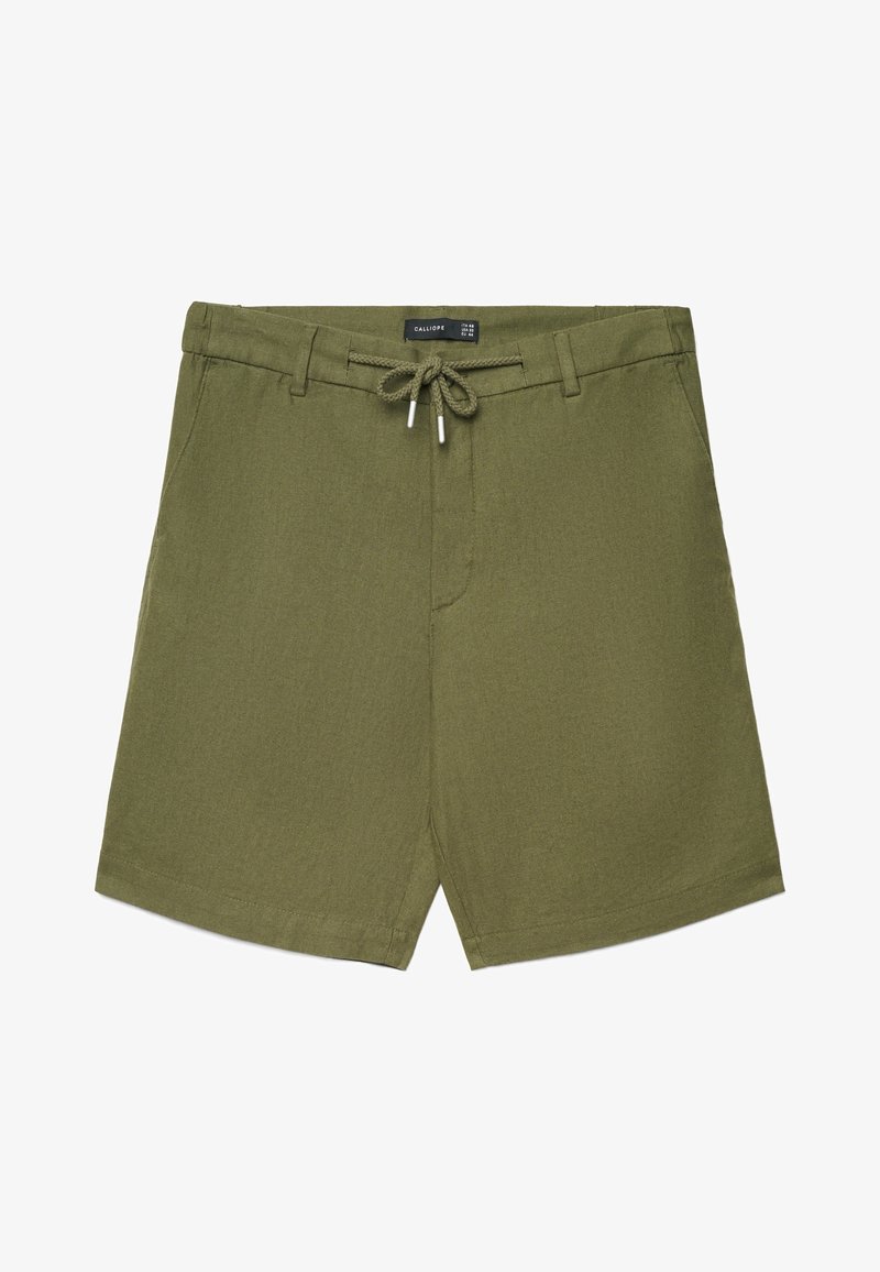 Lässige Shorts in Olivgrün mit Kordelzug in der Taille, Gürtelschlaufen, Seitentaschen und einem Etikett innen am Bund.