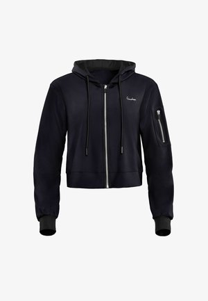 Felpa nera a maniche lunghe con zip frontale, coulisse e tasca sulla manica. Realizzata in un tessuto morbido e liscio con polsini e orlo a coste.