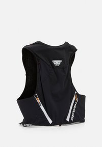 Canotta atletica nera con schiena in rete traspirante, due tasche laterali con zip e un logo sulla parte superiore della schiena. Tessuto in poliestere liscio.