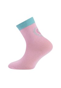 Rosa Baumwollsocke mit einem türkisfarbenen gerippten Bündchen. Auf der Seite befindet sich ein graues kreisförmiges Muster. Glatte Textur und knielange Passform.