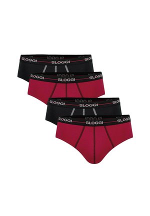 Vier Herren-Slips in abwechselnd Schwarz und Dunkelrot, jeweils mit schwarzen Taillenbändern mit dem Markenzeichen "Sloggi" in weißen Buchstaben.