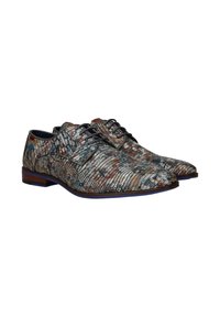 Multicolorde dresschoenen met een leren bovenkant met textuur, versierd met patronen in blauw, bruin en crèmekleur. Platte veters en een houten hakaccent.