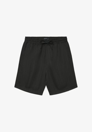 Schwarze Freizeithose mit elastischem Bund und vorderem Zugband, seitlichen Taschen und geradem Saum.