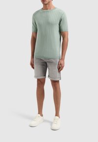 Mintgroene trui met korte mouwen en verticale ribbelstructuur, gecombineerd met lichtgrijze opgerolde denimshorts en witte sneakers.