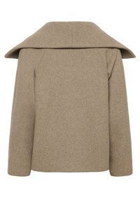 Brown wool coat with a wide, structured collar, dropped shoulders, and a straight cut. Soft texture with no visible fastenings or embellishments.