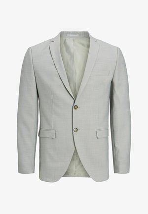 Svetlo siva blazer jakna iz teksturiranega materiala; vsebuje dva gumba, vhodi s prsnim ovratnikom in prsni žep. Notranjost je obložena z svetlejšo odtenkom.