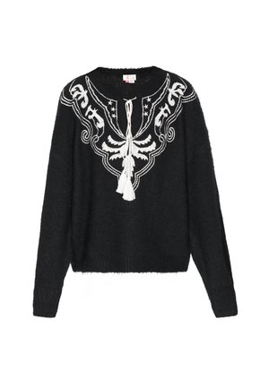 Schwarzer Pullover mit weißer Stickerei, runder Ausschnitt, lange Ärmel und Quasten vorne. Weiche Textur mit lockerer Passform.