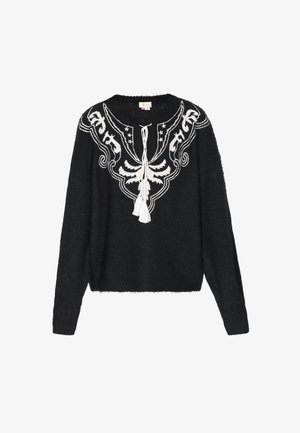 Maglione nero con ricami bianchi, collo rotondo, maniche lunghe e nappine sul davanti. Tessuto morbido con vestibilità ampia.