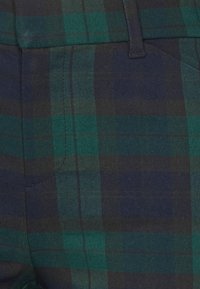 Groene en marineblauwe geruite broek van stof met een gladde textuur. Kenmerken zijn een standaard tailleband en zijzakken.