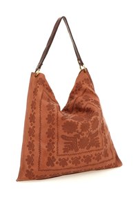 Grande borsa a spalla in pelle marrone con motivi floreali e paisley impiantati e una tracolla marrone scuro cucita con hardware dorato.