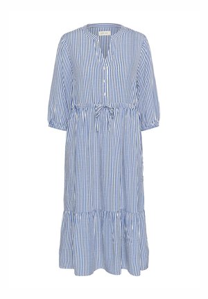 Svītrainas kleitas zila un baltā kokvilnā, ar V veida kaklu, pogu aizdari priekšpusē, trīs ceturtdaļu piedurknēm un savāktu jostasvietu ar izpūstu apakšmalu.