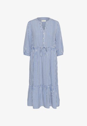 Svītrainas kleitas zila un baltā kokvilnā, ar V veida kaklu, pogu aizdari priekšpusē, trīs ceturtdaļu piedurknēm un savāktu jostasvietu ar izpūstu apakšmalu.