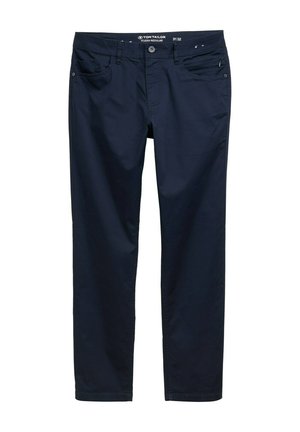 Pantalones azul marino fabricados en una suave tela de algodón, con un corte regular, cinco bolsillos y cremallera con cierre de botón.